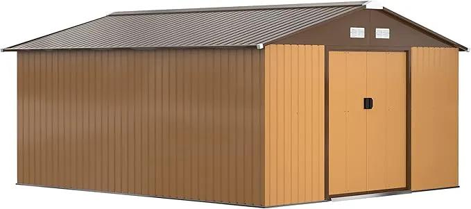 Outsunny 11' x 13' Outdoor Storage Shed, Garden Tool Metal Shed with Foundation Kit, Double Lockable Door, Air Vents and Sloping Roof, for Backyard, Patio, Lawn, Yellow by GreenHaven Gardens