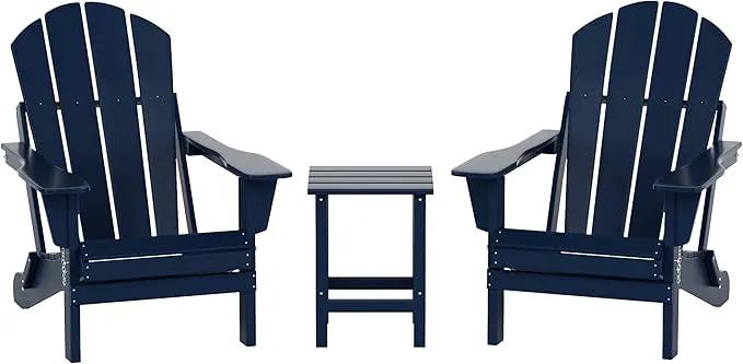 WO Home Furniture Adirondack Chairs Table Set of 3 PCS Outdoor Folding Chairs Side End Table Weather/UV Resistant for Lawn, Garden, Bon Fire, Balcony (Navy Blue) by GreenHaven Gardens