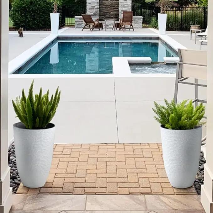 Worth Garden 2-Pack 21" H. White Tall Planters - 14'' Dia Resin Large Round Flower Pots for Outdoor Plants Trees - Imitation Stone Finish Plastic Indoor Front Porch 9 Gallon Decorative Container Patio by GreenHaven Gardens