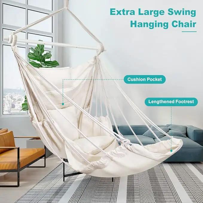 Outerman Hammock Chair, Hanging Chair with 3 Cushions and Foot Rest Support, Sturdy Metal Spreader Bar Max 440 Lbs, Swing Chair for Bedroom, Indoor & Outdoor, Patio, Porch or Tree（White） by GreenHaven Gardens