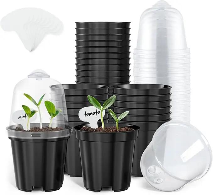 homenote Nursery Pots for Plants,3 Inch Plant Pot for Planting with Humidity Domes Plastic Seedling with Drainage Holes Seed Starter Flower with 10 Labels Black (30 Pack) by GreenHaven Gardens
