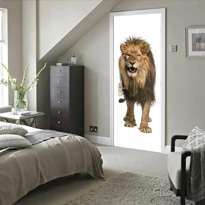 3D Lion Door Stickers - Peel & Stick - Waterproof & Washable - Matt Finish - Realistic Animal Print - Adults - 31.5 x 78.7 inch - 2 PARTS by GreenHaven Gardens