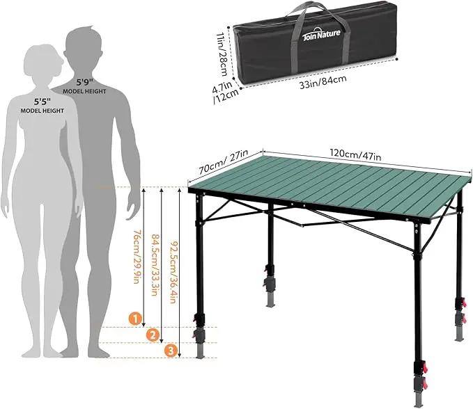 Portable Outdoor Adjustable Height Camping Table, Large for 2-6 Person, Foldable Roll-up Aluminum Camp Table with Carry Bag for Picnic, Camp, Sturdy, Stable, Loads 220 Lbs (Green) by GreenHaven Gardens