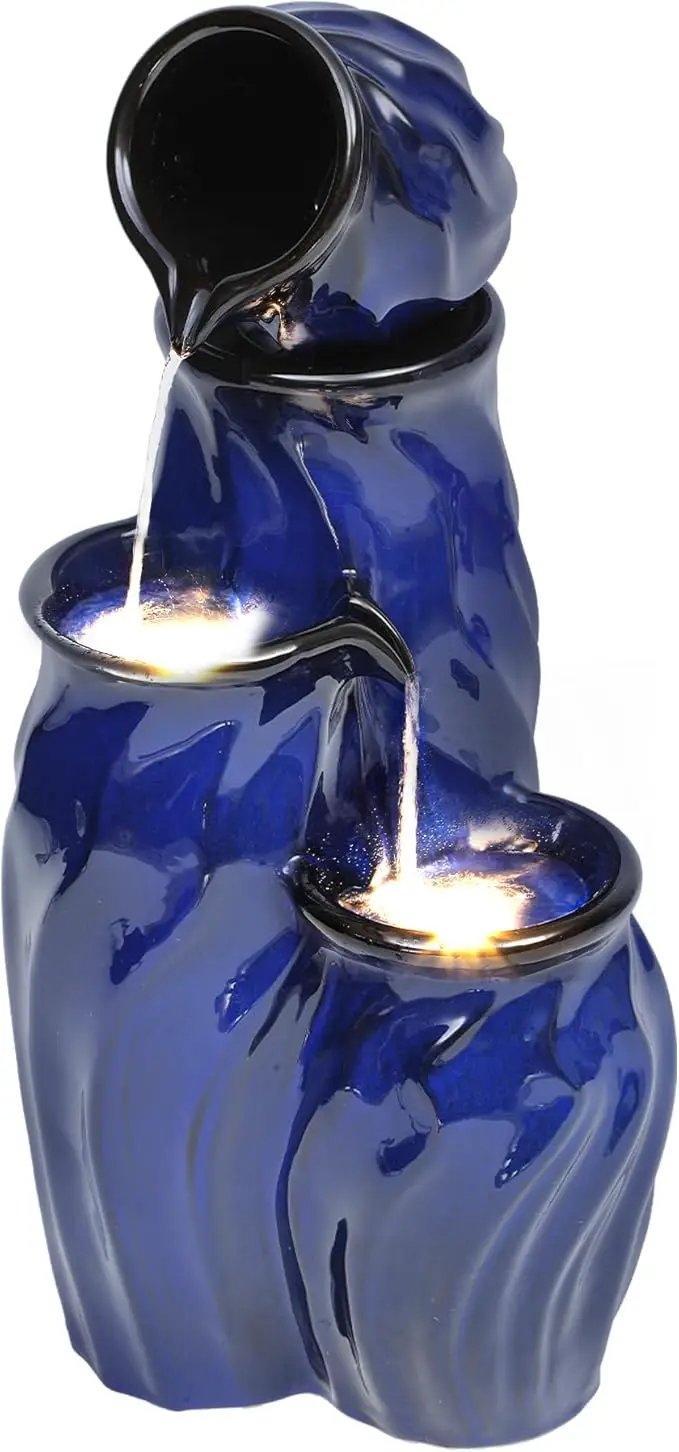 29" Tall Ceramic Water Fountain Outdoor with LED Lights, 4-Tier Cascading Waterfall Garden Fountain, Ideal for Serene Relaxing Patio, Yard or Porch, Cobalt Blue Glaze, Dynamic Wave-Texture by GreenHaven Gardens