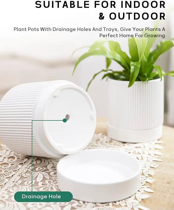 LaDoVita 3 Pack Ceramic Plant Pots 6/5/4 inch, Flowerpot for Indoor Plants with Drainage Holes and Tray, Outdoor Garden Planters, Modern Decorative for Home, White Vertical Stripes by GreenHaven Gardens