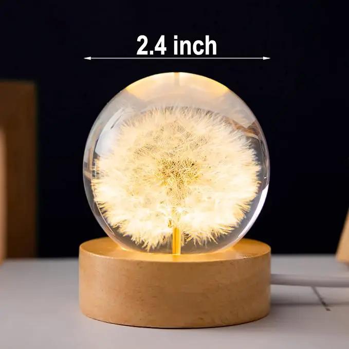 Flower Crystal Ball Night Light,2.4 inch Glass Ball Night Lamp with Woodern Base (Dandelion) by GreenHaven Gardens