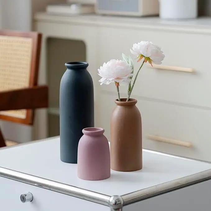 Ceramic Vase Set-3, Small Flower Vases for Decor, Modern Boho Farmhouse Style, Decorative Vases for Pampas Grass & Dried Flowers, Distressed Finish (Light Coffee) by GreenHaven Gardens