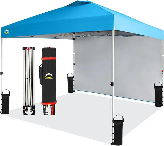 CROWN SHADES 10x10 Pop Up Canopy with 1 Side Wall - Beach Tent with One Push Setup - Outdoor Sun Shade for Events, Parties, Camping - Gazebo with STO-N-Go Cover Bag (Sky Blue) by GreenHaven Gardens