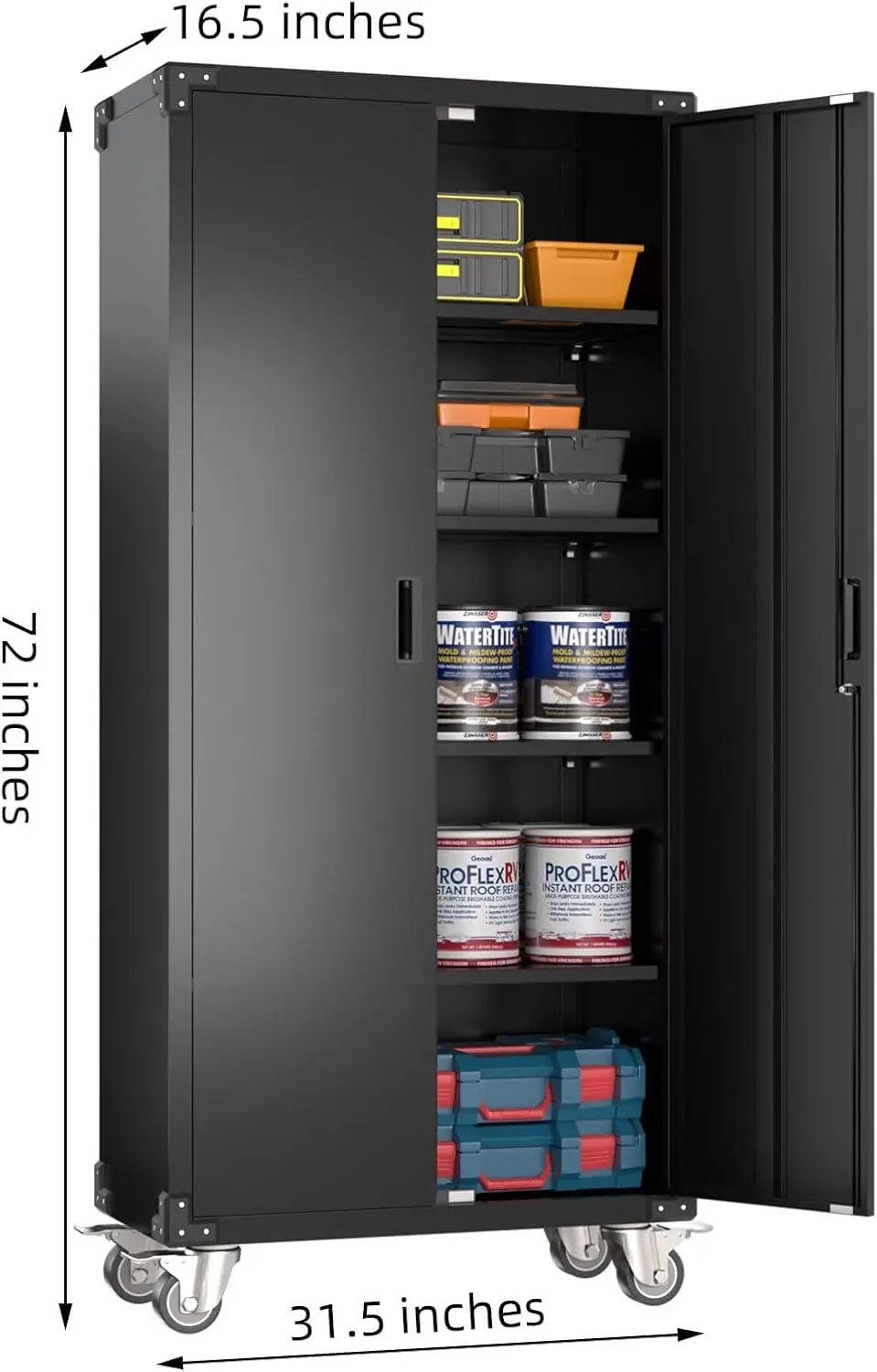 72" H Metal Storage Cabinet with 2 Doors and 4 Adjustable Shelves, Garage Storage Cabinet with Wheels for Garage Home, Required-Assembly,Black by GreenHaven Gardens