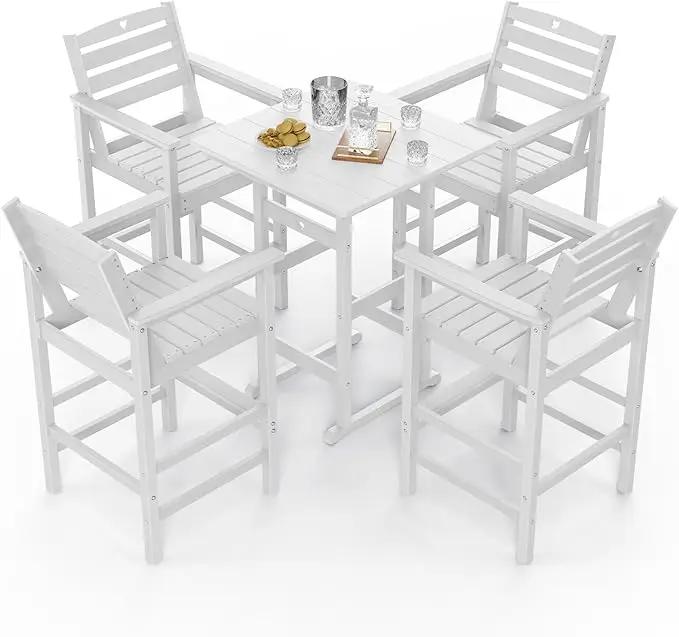 5-Piece Bar Height Patio Table and Chairs Set, HDPE Wood Grain Outdoor Bar Table and Chairs with Heart Cutout Design, Weather-Resistant Bar Height Furniture for Deck, Porch, Pool (White) by GreenHaven Gardens