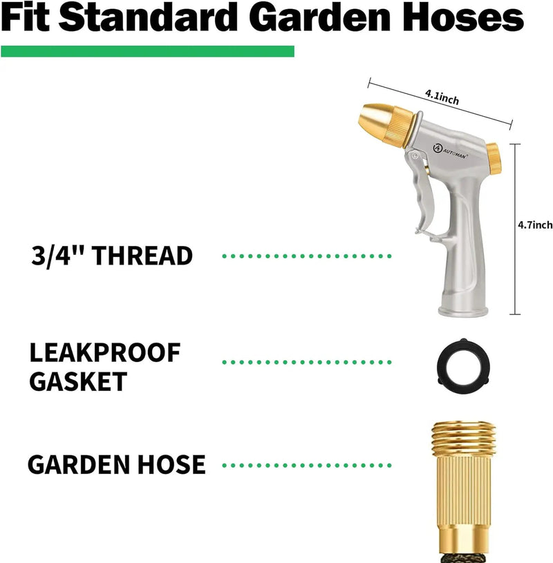 AUTOMAN Garden Hose Nozzle Sprayer - High Pressure 100% Metal Water Spray Nozzle With 4 Patterns - Heavy Duty for Watering Plants, Lawns, Washing Cars & Pets by GreenHaven Gardens