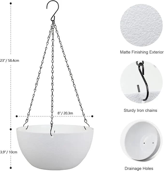 8 inch Small Hanging Planters for Indoor Outdoor Plants, 2 Pack Hanging Flower Pots with Drainage Holes and Chain for Garden Porch Plants, Plastic Hanging Baskets for House Plants, White by GreenHaven Gardens