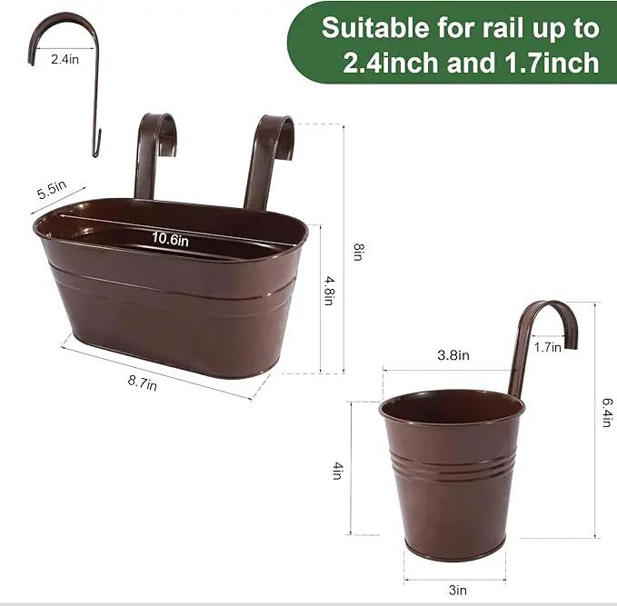 Metal Iron Flower Pots for Railing Fence Hanging Bucket Pots(5 Pcs) and Hanging Flower Pots Metal Iron Bucket Planter(10 Pcs) (Bronze) by GreenHaven Gardens