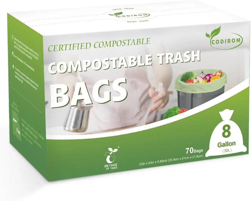 100% Compostable Trash Bags, 8 Gallon, 30 Liter, 0.85 Mils, 70 Count Large Kitchen Food Scrap Compost Bags for Kitchen Step Trash Cans with Europe EN13432 Certified by GreenHaven Gardens