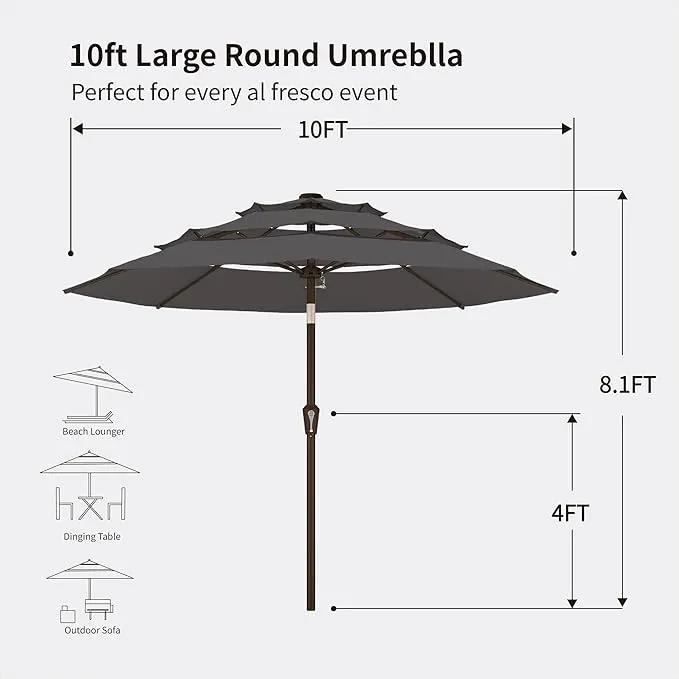 Kingdura 10ft 3-Tier Patio Umbrella, Outdoor Table Umbrella with Easy Crank & Tilt, 8 Reinforced Ribs, UV Protection for Deck, Pool, Market, Backyard (Grey) by GreenHaven Gardens