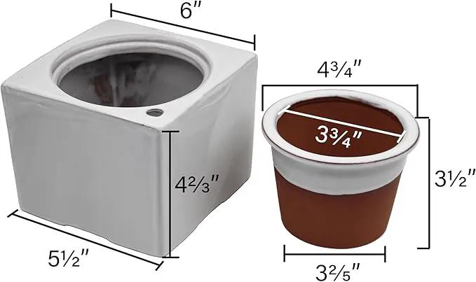 2-Pack Ceramic African Violet Self Watering Pot 6 Inch Square Pot 3.5 Inch Innter Pot Easy Fill Water Reservoir White Blue by GreenHaven Gardens