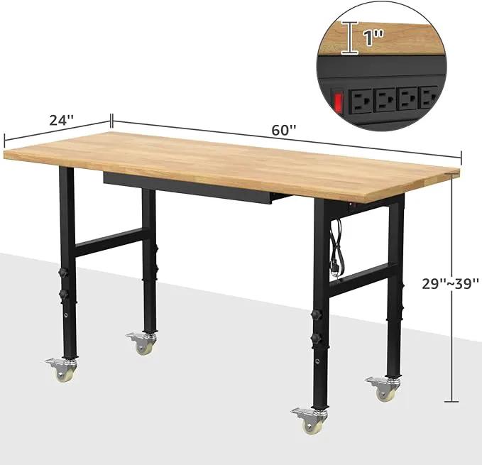 60" Adjustable Workbench,Heavy-Duty Work Table,3000 LBS Load Capacity Hardwood Workstation Outlets with Power Strips, Drawers and Wheels,for Workshop, Garage by GreenHaven Gardens