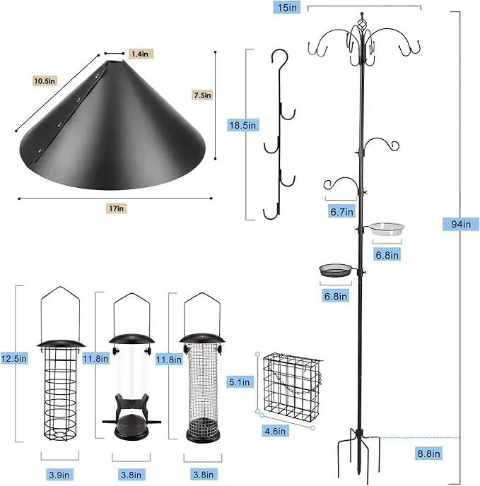 Bird Feeding Station Kit with Squirrel Baffle Bird Feeder Pole with Suet Cage Mesh Tray Fruit Hook Double W Hook for Attracting Wild Birds and Hanging Planter Hanger Lights by GreenHaven Gardens