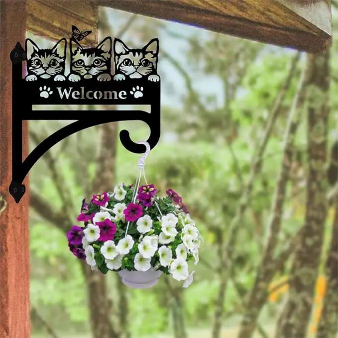peacoblue Iron Plant Hangers Hooks Cat with Welcome for Outdoor Indoor Hanging Plants Flower Fern Pots Lantern Bird Feeder, 12"x15" Weather Resistant Metal Wall Holder for Porch Garden Farmhouse by GreenHaven Gardens