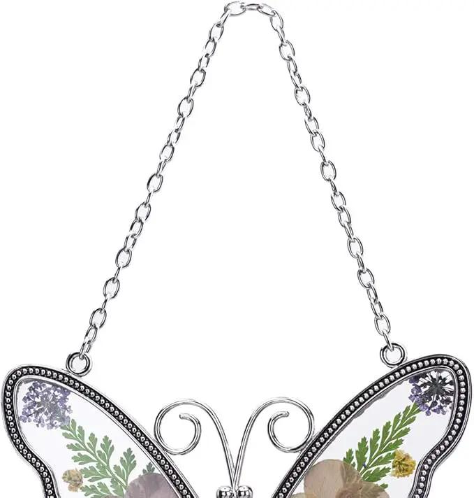Laraine Butterfly Suncatcher with Pressed Colourful Flower Wings Mom Mother's Day Butterfly Glass Wind Chime Ornament Charm with Metal Heart Gifts for Mom Grandma Birthday (Yellow Grandma) by GreenHaven Gardens