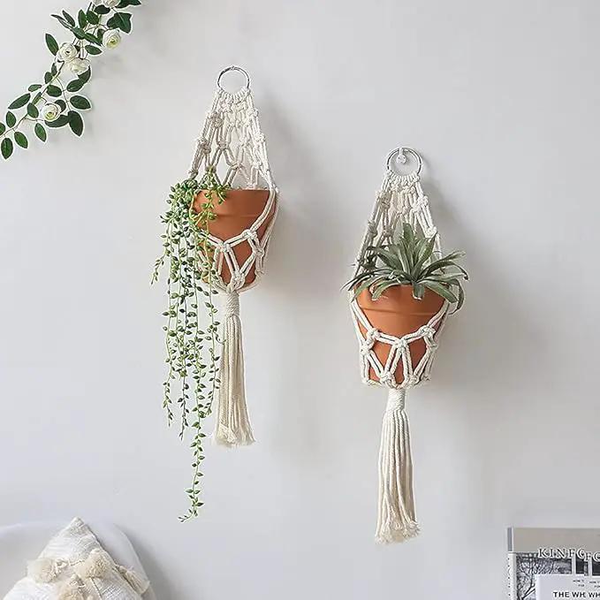 Boho Macrame Plant Hangers - Handmade Hemp Rope Hanging Baskets for Indoor Plants with Ceiling Hooks, Bohemian Home Decor Outdoor Wall Art by GreenHaven Gardens