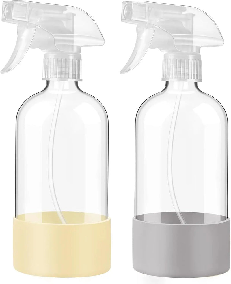 JohnBee Glass Spray Bottles with Silicone Sleeve, 2 Pack16 oz Empty Refillable Containers with Adjustable Spray Nozzles, Spray Bottles for Hair, Cleaning Solutions and Plants Pale Yellow&Grey by GreenHaven Gardens
