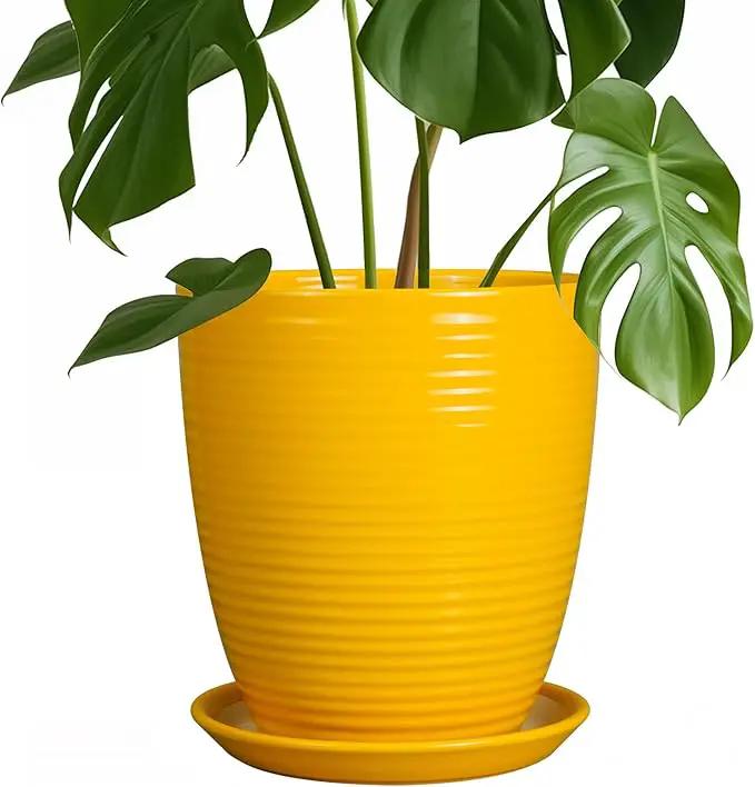 Ceramic Plant Pot - 8 Inch Planter Pot with Drainage Hole and Saucer Round Planter for Indoor Outdoor Plants Flower Pot for Home Patio Garden Office Yellow by GreenHaven Gardens
