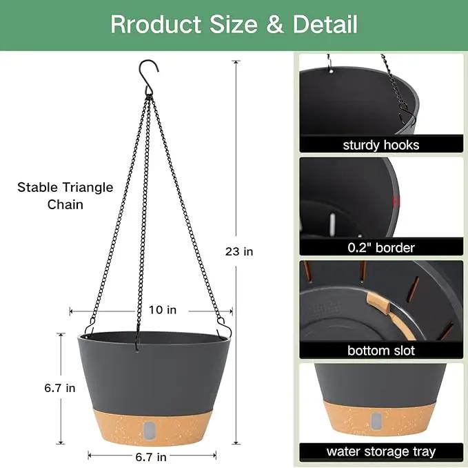 QCQHDU 2 Pack 10 inch Hanging Planters for Indoor Plants, Outdoor Hanging Baskets, Self Watering Pots with Drainage Holes & Removable Tray (Dark Grey, 10 inch) by GreenHaven Gardens