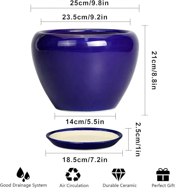 Ceramic Planter 10 Inch - Indoor Plant Pot for Plants with Drainage Hole and Saucer Large Planter Round Outdoor Flower Pot Mid-Century for House Patio Decor Blue by GreenHaven Gardens
