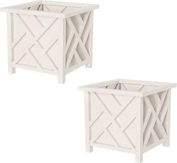 Lattice Design Planter Box 2-Pack – 14.75-Inch Decorative Outdoor Flower or Plant Pots – Front Porch, Patio, and Garden Decor by Pure Garden (White) by GreenHaven Gardens