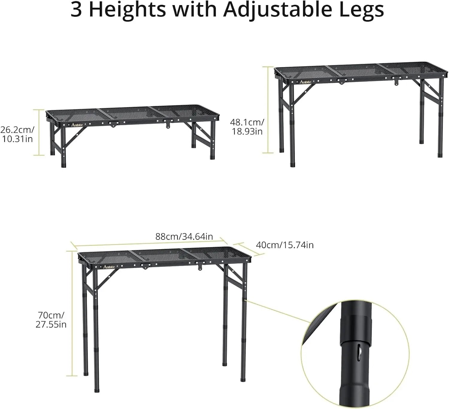 Folding Grill Table, Aluminum Camping Table Adjustable Height Max 27.5" Picnic Table Outdoor Table, Lightweight, Portable Handle for Travel Cooking BBQ Picnic, 35" x 16", Black by GreenHaven Gardens