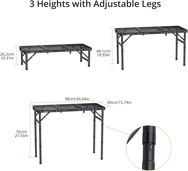 Folding Grill Table, Aluminum Camping Table Adjustable Height Max 27.5" Picnic Table Outdoor Table, Lightweight, Portable Handle for Travel Cooking BBQ Picnic, 35" x 16", Black by GreenHaven Gardens