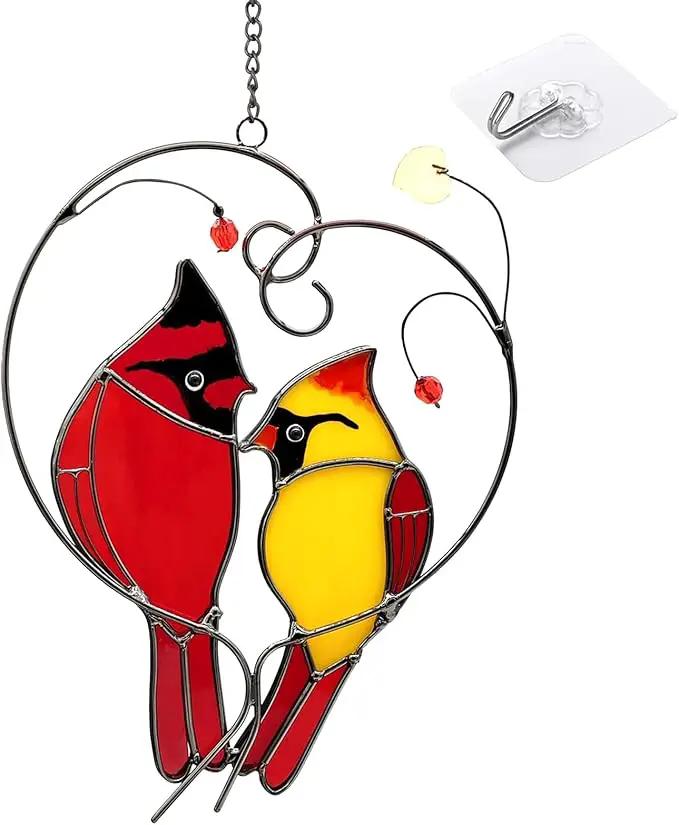 Cardinal Suncatchers Stained Glass for Windows Hangings,Male & Female Cardinal Stained Glass Sun Catchers,Stained Glass Red Love Birds Home Ornament,Gifts for Women by GreenHaven Gardens