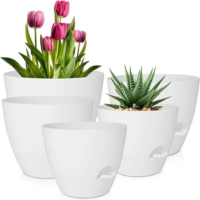 Plant Pots 10/9/8/7.5/7 Inch Self Watering Pots, Set of 5 Plastic Planters with Drainage Holes and Saucers,Plastic Flower Pots,Nursery Planting Pot for Indoor Out Door Plants(Pure White) by GreenHaven Gardens