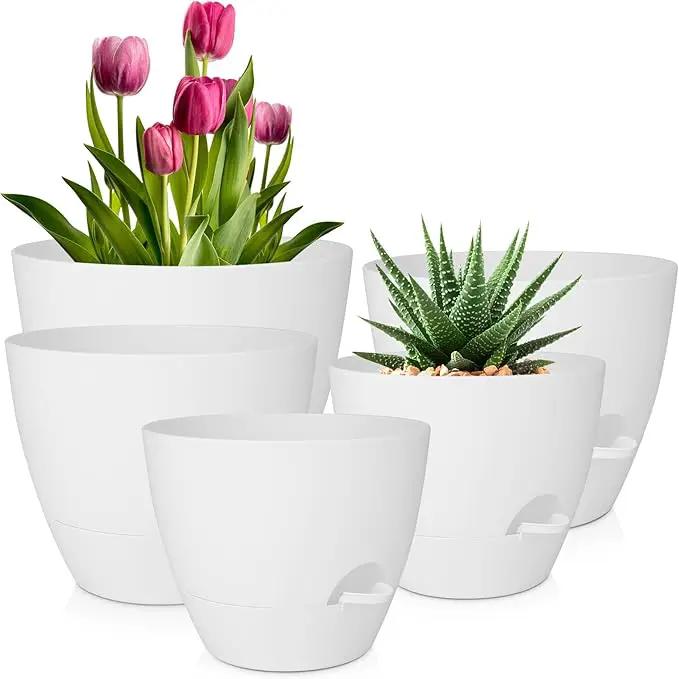 Plant Pots 10/9/8/7.5/7 Inch Self Watering Pots, Set of 5 Plastic Planters with Drainage Holes and Saucers,Plastic Flower Pots,Nursery Planting Pot for Indoor Out Door Plants(Pure White) by GreenHaven Gardens