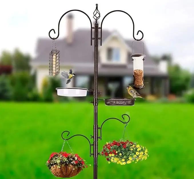 Deluxe Bird Feeding Station Kit With Multi Feeder Hanging Pole, Metal Suet Feeder, Bird Bath, Mesh Tray for Attracting Wild Birds and Planter Hanger (1 Pack) by GreenHaven Gardens