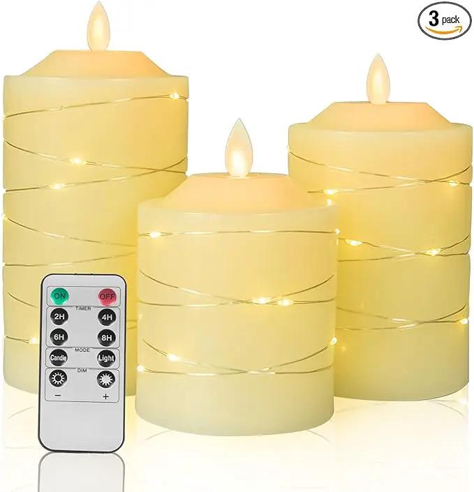 Battery Operated Flameless LED Candles: with Embedded String Lights, 3 Pack Flickering Electric Candle with 10-Key Remote Control for Seasonal Festival Celebration Real Wax(Batteries not Included) by GreenHaven Gardens