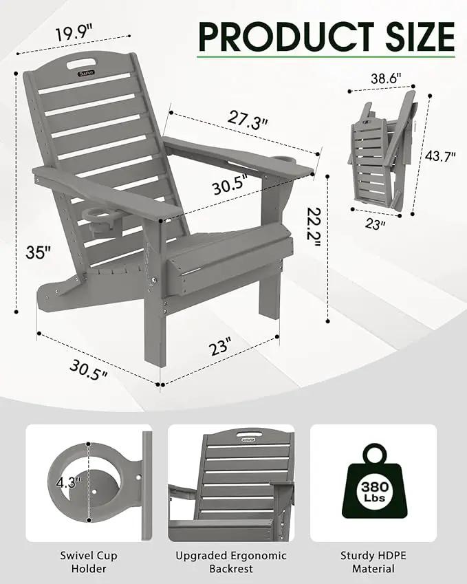 Adirondack Chairs Set of 2, Outdoor Fire Pit Chairs, HDPE All-Weather Adirondack Chairs with Cup Holder, Lawn Chair for Deck, Patio, Garden (Grey)
