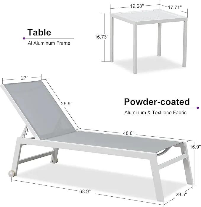 PURPLE LEAF Oversize Outdoor Chaise Lounge Set of 4 Outdoor White Aluminum Lounge Chairs with Side Table and Wheels Patio Lounge Chair for Yard Pool Deck, Bluish-Gray by GreenHaven Gardens