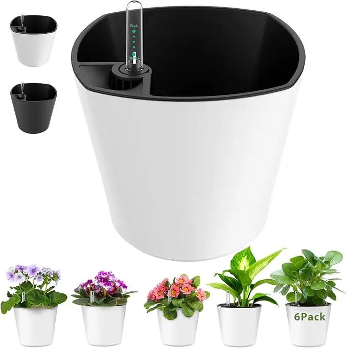 7 inch Plant Pots 6-Pack, Self Watering Flower Pots Indoor Outdoor, African Violet Pots Planters with Drainage Hole Saucer Reservoir, White by GreenHaven Gardens