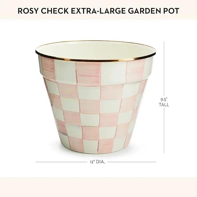 MACKENZIE-CHILDS Enamel Garden Pot, Decorative Pot for Plants, Outdoor Flowerpot Decor, Extra Large, Pink-and-White Rosy Check by GreenHaven Gardens