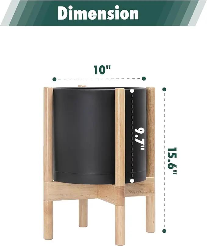 D'vine Dev Planter Pot with Stand - 10 Inch Plastic Cylinder Flower Pot with Wood Planter Holder for Indoor, Matte Black Pot + Natural Stand, 55-C-M-2 by GreenHaven Gardens