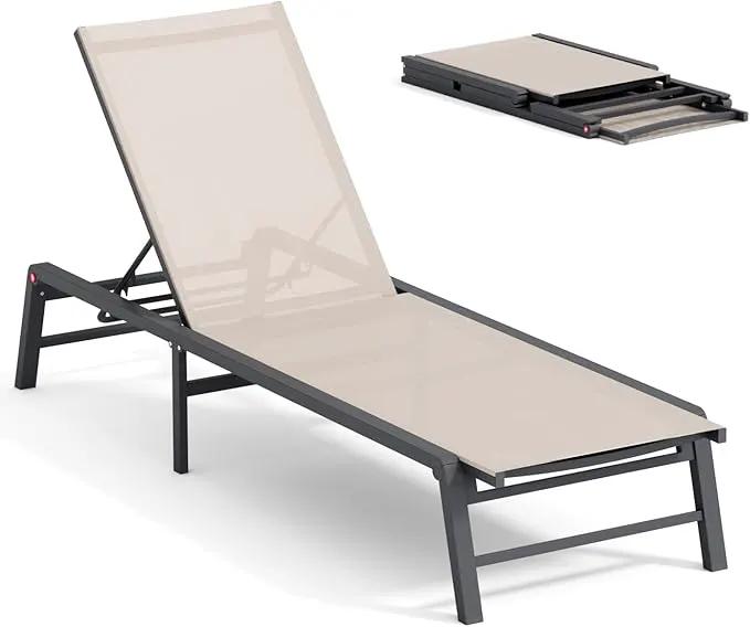 Aluminum Chaise Lounge Chair Outdoor, Foldable Patio Lounge Chair Assemble-Free, Pool Lounge Chairs with 5 Adjustable Backrest, Outdoor Lounge Chairs for Outside Poolside Beach Lawn Beige by GreenHaven Gardens
