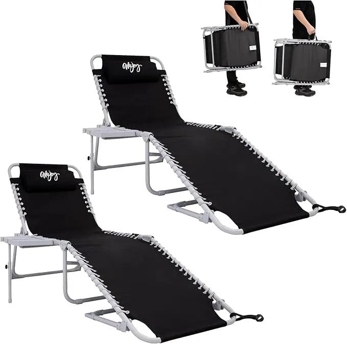 #WEJOY 2 Pack Outdoor Chaise Lounge Chair - Portable Folding Patio Pool Lounge Chair, 5 Positions Adjustable Reclining Camping Chair with Side Table,Shoulder Strap, Pillow for Beach Sunbathing Lawn by GreenHaven Gardens