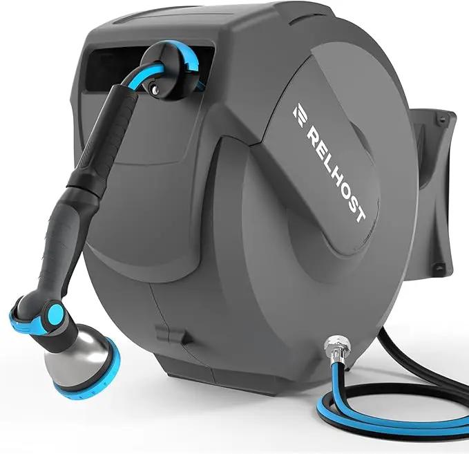 Retractable Garden Hose Reel 100 ft x 5/8 in, Heavy Duty Hose Reel Wall Mount with Any Length Lock, Auto Rewind System, 180° Swivel Bracket, 10-Pattern Garden Hose Nozzle, Dark Grey by GreenHaven Gardens
