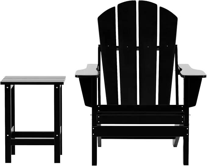 WO Home Furniture Adirondack Chair Table Set of 2 PCS Outdoor Folding Chair w Side Table Weather/UV Resistant for Lawn, Garden, Bon Fire, Balcony (Black) by GreenHaven Gardens