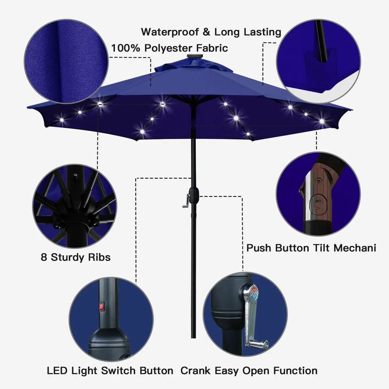 Sunnyglade 9' Solar LED Lighted Patio Umbrella with 8 Ribs/Tilt Adjustment and Crank Lift System (Navy Blue) by GreenHaven Gardens