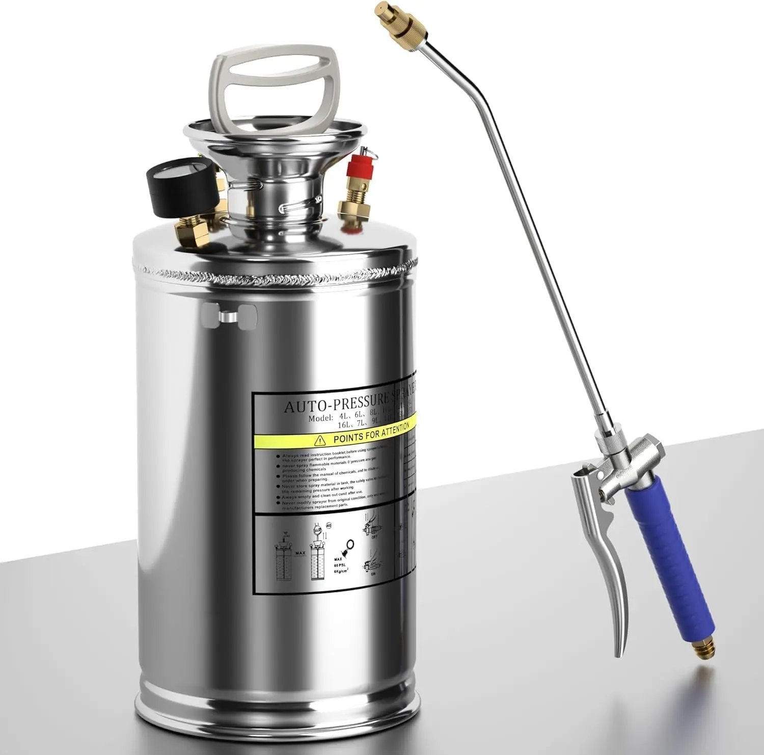 2 Gallon Garden Sprayer, 304 Stainless Steel Chemical Sprayer, Hand Pump Sprayer, with Pressure Gauge, Adjustable Nozzle, 20" Sprayer Wand, 3.3ft Hose & Safety Valve by GreenHaven Gardens