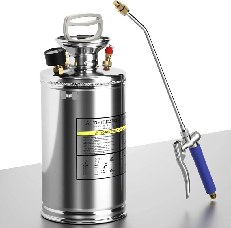 2 Gallon Garden Sprayer, 304 Stainless Steel Chemical Sprayer, Hand Pump Sprayer, with Pressure Gauge, Adjustable Nozzle, 20" Sprayer Wand, 3.3ft Hose & Safety Valve by GreenHaven Gardens