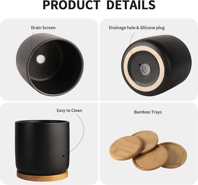 OMAYKEY 4 Inch Ceramic Plant Pot with Saucer, Black Planters Pots with Drainage Hole and Mesh Pads for Succulent, Snake, Cactus, Herbs - 4 Packs(Plant Not Included) by GreenHaven Gardens